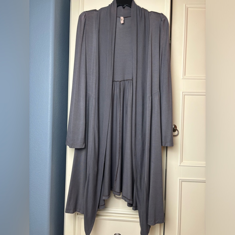 Pink Lotus open extra long duster in slate gray